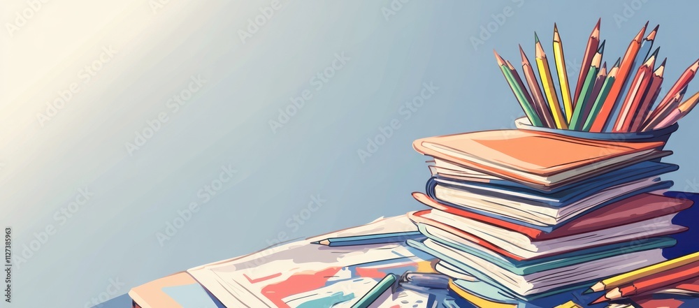 Poster a colorful stack of books and pencils on a desk, suggesting creativity and study.