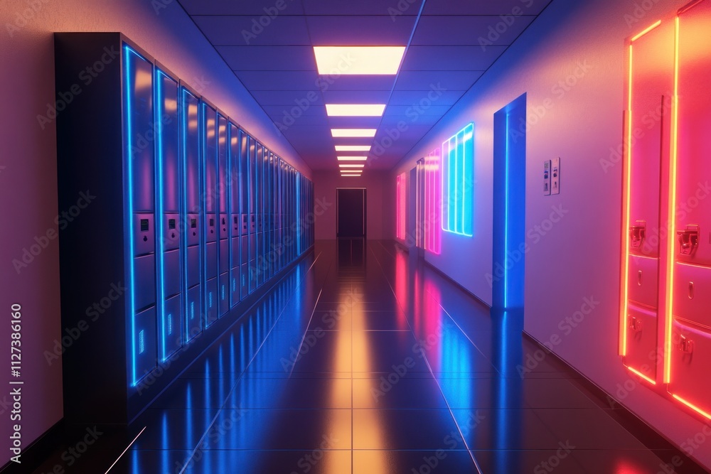 Aufkleber a vibrant hallway with illuminated lockers and neon lights creating a modern atmosphere.