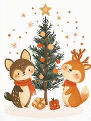 Naklejka premium Cute animals celebrating christmas with decorated tree and gifts