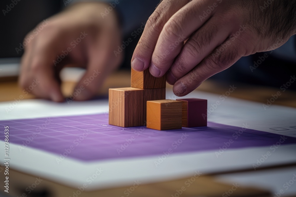 Poster a person stacking wooden blocks on a purple grid paper, focusing on structure and design.
