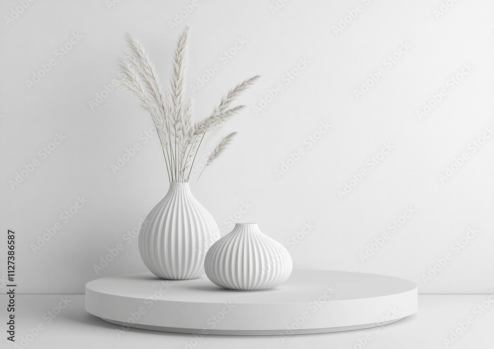Poster minimalist display featuring white vases with dried plants on a circular pedestal.