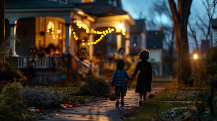 Fototapeta premium Children Trick-or-Treating on Halloween Night