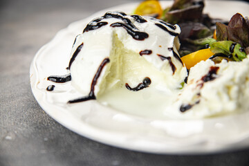 burrata salad fresh tasty food dish Delicious gourmet food background on the table rustic food top view copy space keto and paleo diet Vegetarian and vegan food