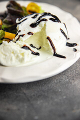 burrata salad fresh tasty food dish Delicious gourmet food background on the table rustic food top view copy space keto and paleo diet Vegetarian and vegan food