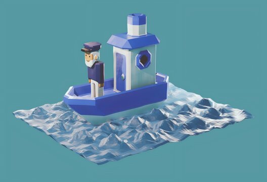 Faceted, low-polygon style captain on a boat