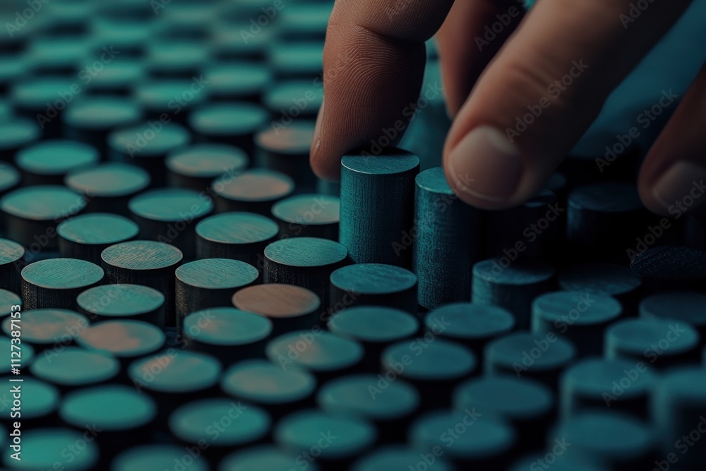 Aufkleber A hand interacting with cylindrical objects on a textured surface, showcasing design or play.