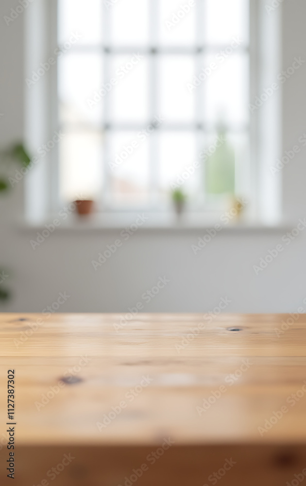 Poster A wooden tabletop is in sharp focus, contrasting with a blurred white wall behind it through a large window._00002_