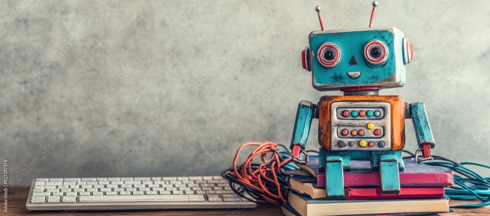 Poster A colorful robot toy sits on books next to a keyboard, blending playfulness with technology.