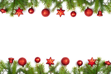 Christmas background with fir tree branches, red ornaments and white snowflakes on a white background