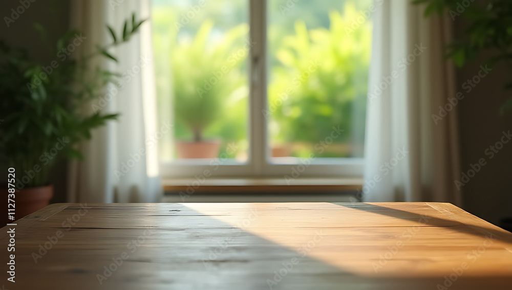 Poster a wooden table sits empty in front of a blurry curtain, offering a glimpse into a lush garden outsid