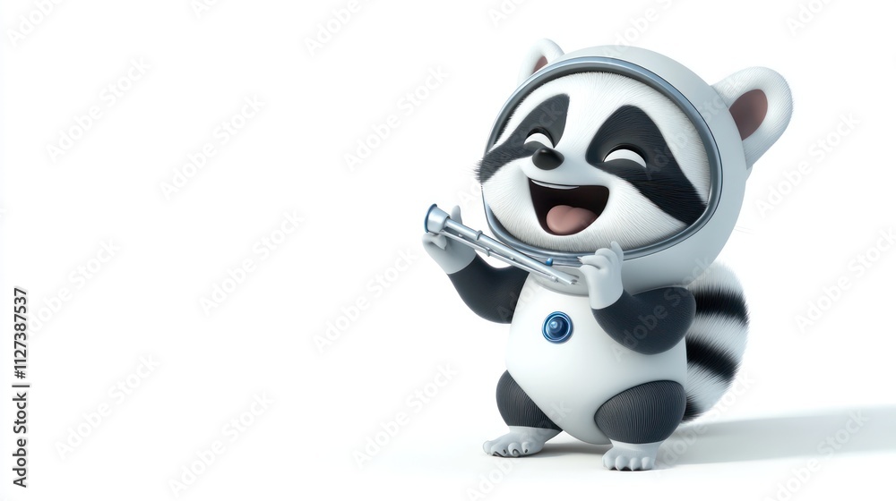 Aufkleber a cheerful cartoon raccoon in a spacesuit joyfully holds a small tool, evoking a sense of adventure.