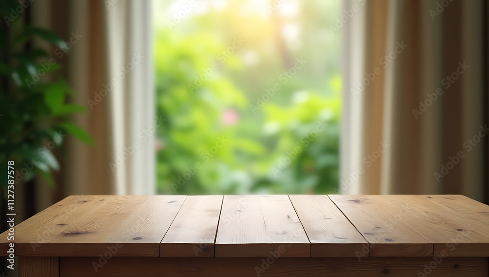 Poster a wooden table sits empty in front of a blurry curtain, offering a glimpse into a lush garden outsid