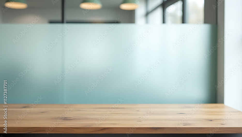 Aufkleber A wooden table sits atop a frosted glass wall in an office setting, creating a modern and sleek backdrop._00003_