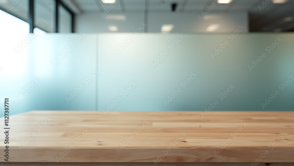 Aufkleber A wooden table sits atop a frosted glass wall in an office setting, creating a modern and sleek backdrop._00001_
