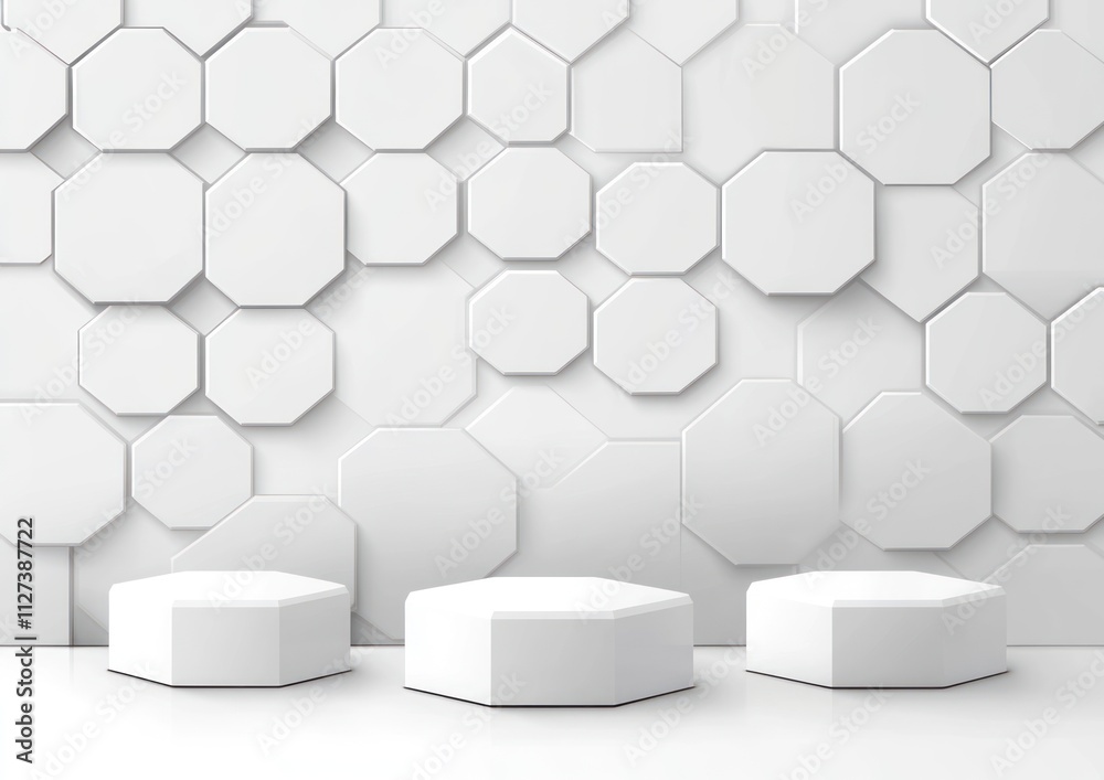 Poster modern white octagonal wall with matching seating, creating a sleek, minimalist space.