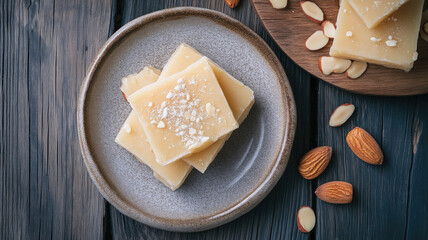 Fototapeta premium Generative AI image of oriental dish burfi on plate with delicious almond placed on wooden table