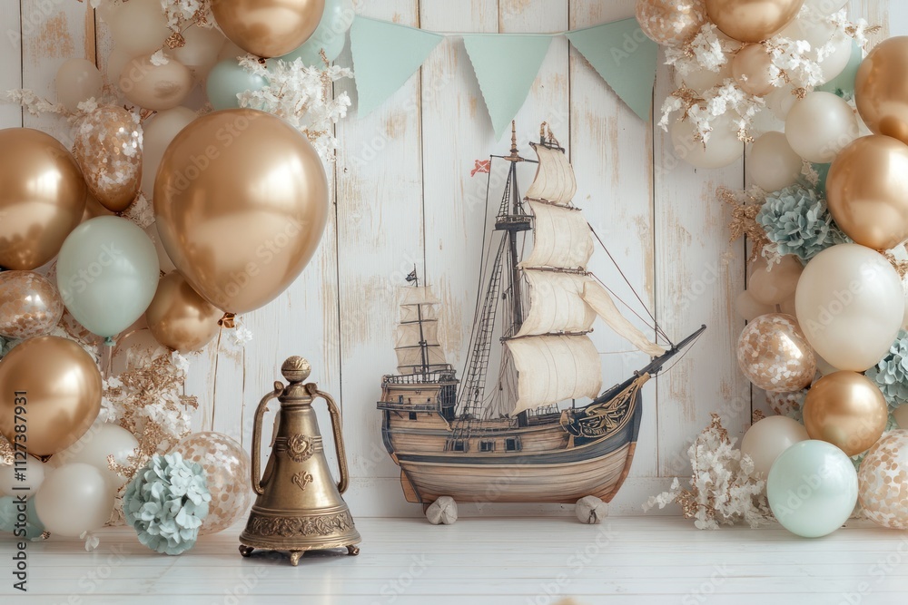 Poster a decorative setup featuring a ship model surrounded by balloons and flowers for an event.