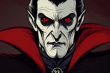 A stylized vampire character with red eyes and a cape, evoking classic horror themes.