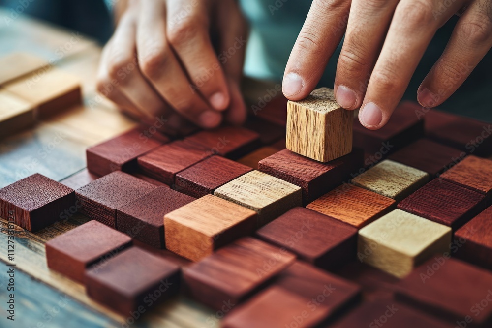 Poster a person stacking wooden blocks in a creative arrangement on a tabletop.