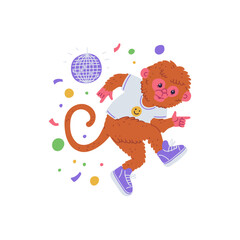 Vector illustration a dancing monkey in bright clothes, sneakers, with confetti and a disco ball.