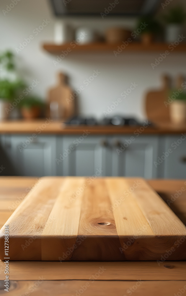 Poster a wood table top with a chopping board has a blurred kitchen counter background in selective focus._