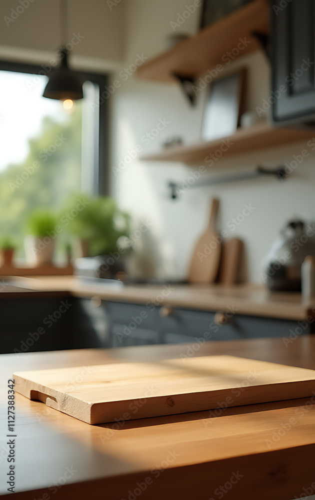 Poster a wood table top with a chopping board has a blurred kitchen counter background in selective focus._