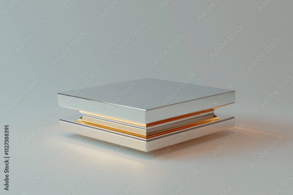 Poster a sleek, modern square object with a reflective surface and warm light accents.
