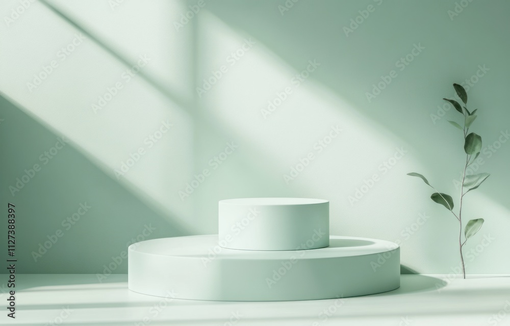 Poster minimalist composition featuring circular shapes and a plant against a soft green backdrop.