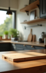 A wood table top with a chopping board has a blurred kitchen counter background in selective focus._00002_