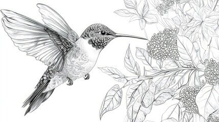 Obraz premium Hummingbird in flight, nearing flowers.