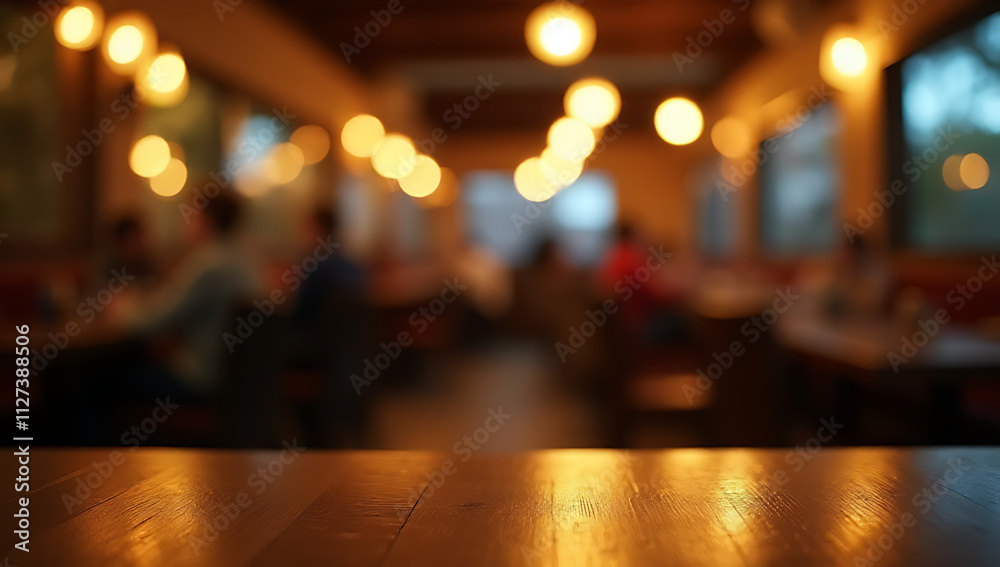 Poster a wood table top with a blur light bokeh effect in a dimly lit night atmosphere of a busy restaurant