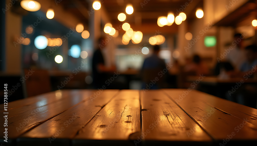 Poster a wood table top with a blur light bokeh effect in a dimly lit night atmosphere of a busy restaurant