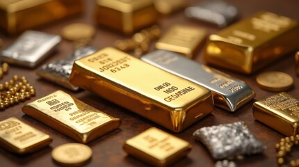 Assorted precious metals including gold, silver, and platinum displayed in a luxurious setting, showcasing their shine and value, ideal for investment and jewelry-themed photography