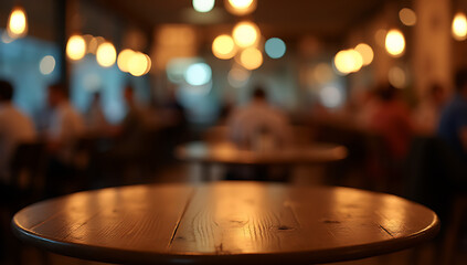 Obraz premium A wood table top with a blur light bokeh effect in a dimly lit night atmosphere of a busy restaurant or cafe setting._00001_