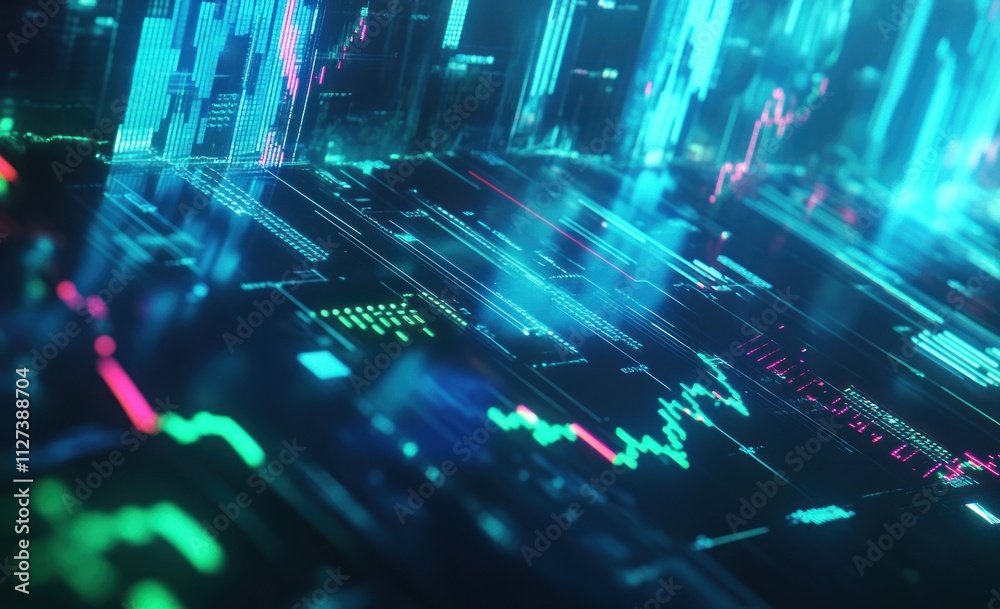 Poster Abstract digital data visualization with vibrant colors and graph elements.
