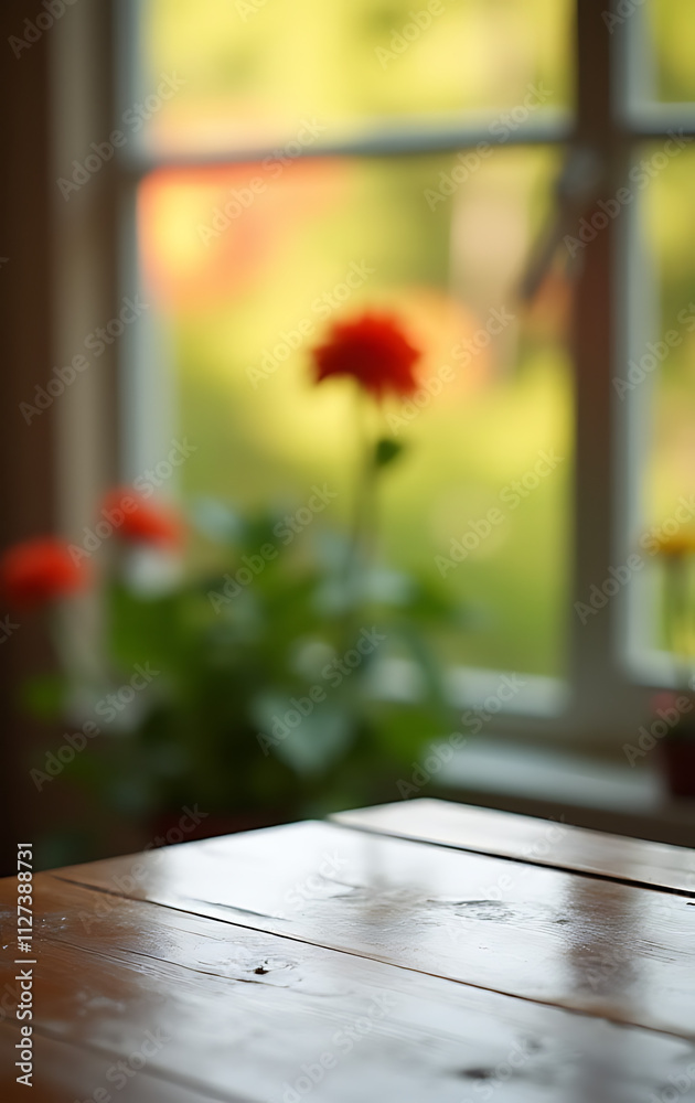 Poster a wood table top reflects a blurry window view with a vibrant garden flower background in the soft m