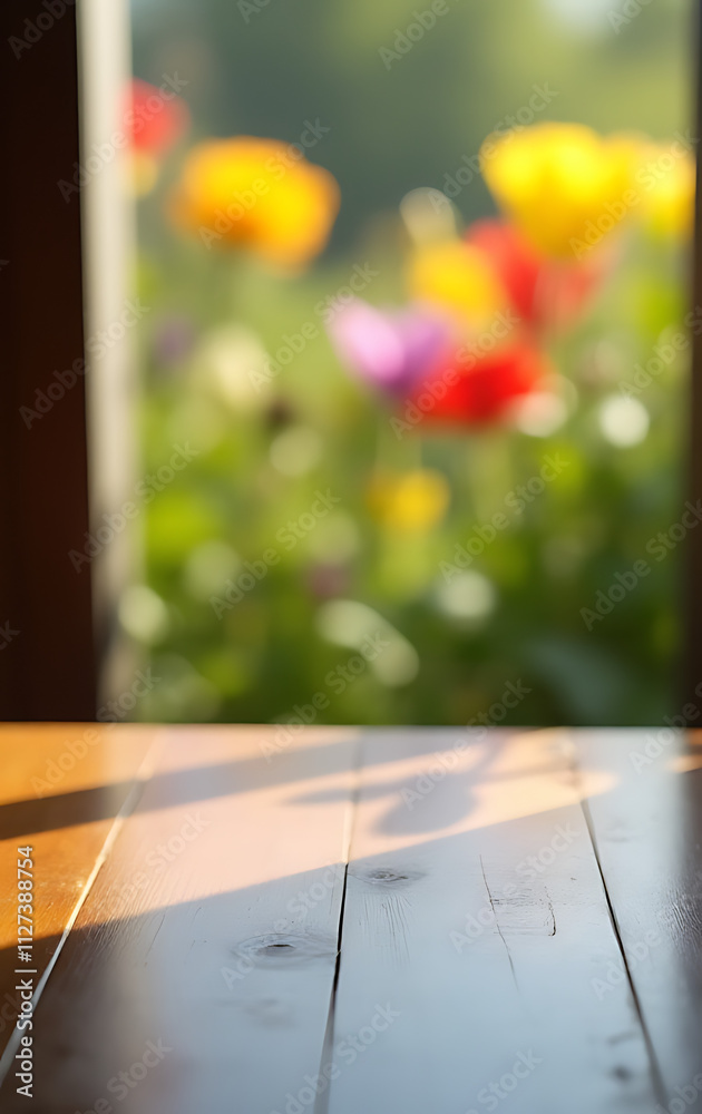 Poster a wood table top reflects a blurry window view with a vibrant garden flower background in the soft m