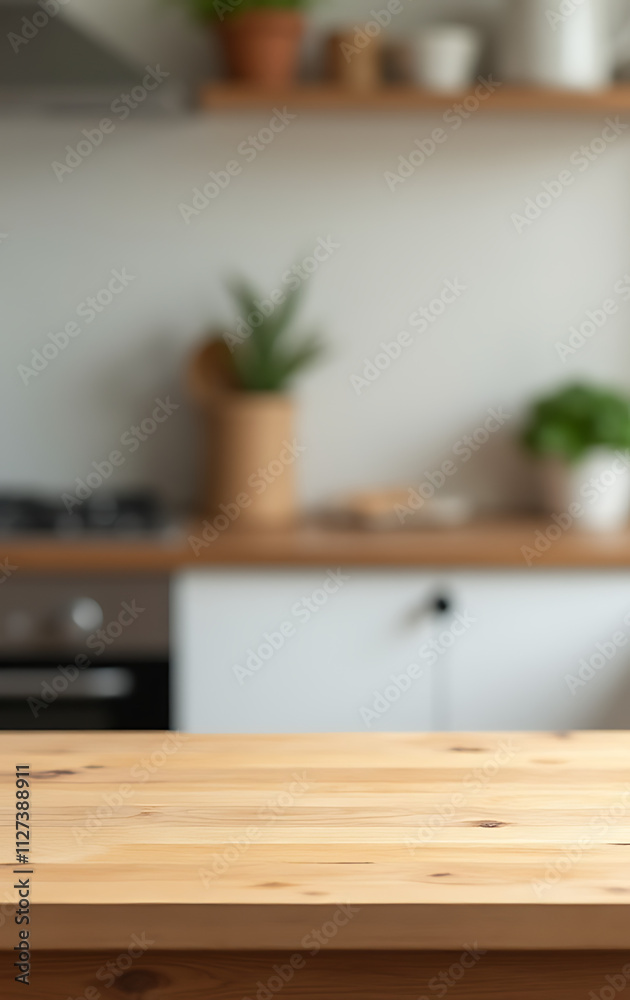 Poster a wood table top is placed on a blurred kitchen background for use in product montages and design vi