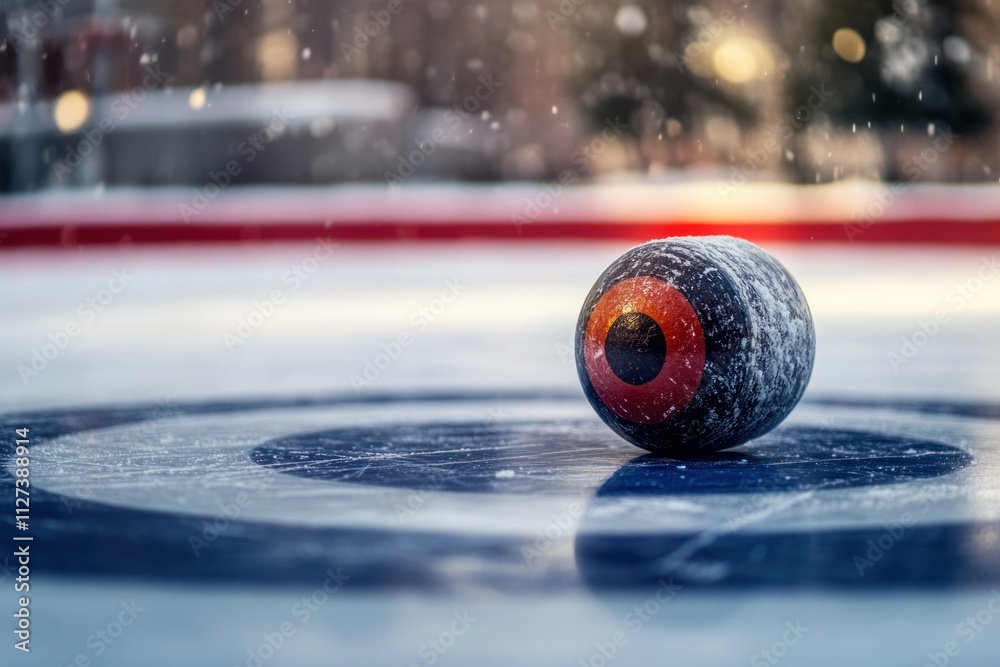 Poster a curling stone resting on an icy surface, surrounded by a circular target.