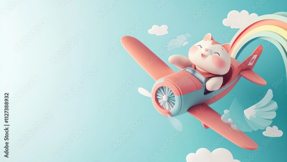 Poster A cheerful cat flying a colorful airplane with a rainbow and clouds in a playful sky.