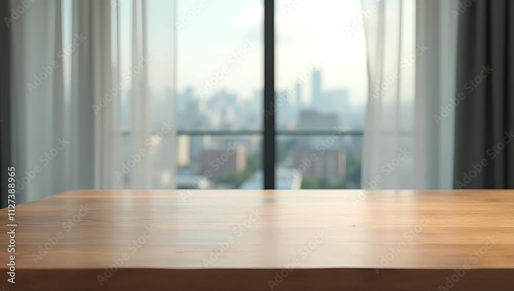 Poster A wood table top is partially obscured by a blurred curtain with a cityscape visible through the window in the background._00003_