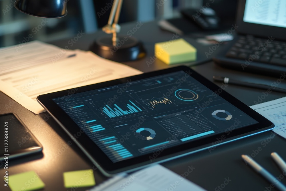 Poster A tablet displaying data analytics and graphs on a desk with office supplies.