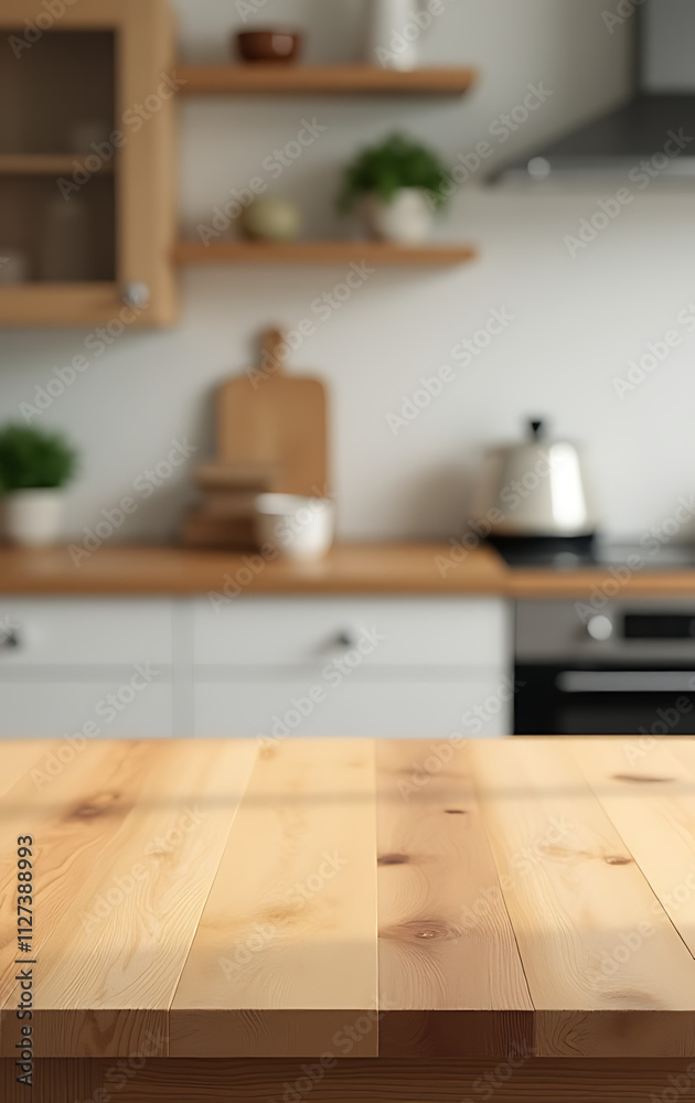 Poster A wood table top is placed on a blurred kitchen background for use in product montages and design visualizations._00001_
