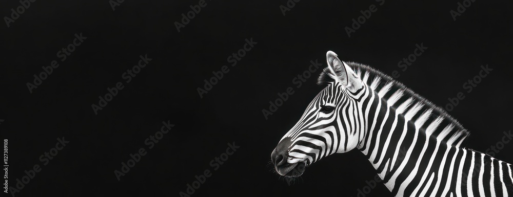 Poster a close-up of a zebra's head against a black background, highlighting its distinctive stripes.