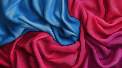 Obraz premium Generative AI image of top view of closeup of abstract fractal design of red and blue fabric drape background material in full frame with wrinkles and folds