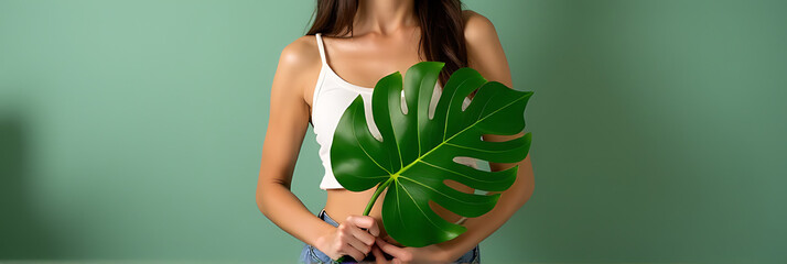 A woman is standing with a Monstera leaf held against her body, showcasing its vibrant neon colors._00003_