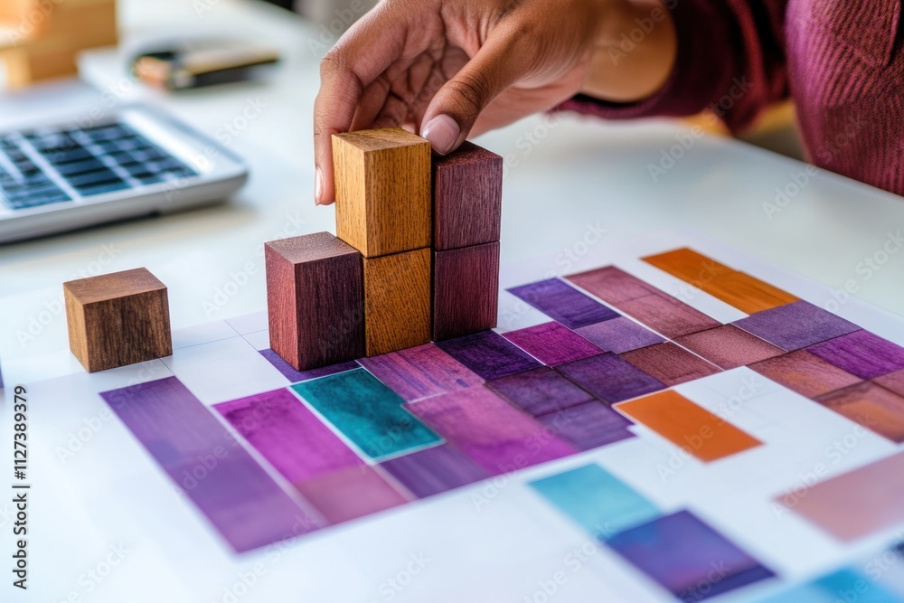 Aufkleber a hand arranges wooden blocks on a colorful grid, showcasing creativity and design.