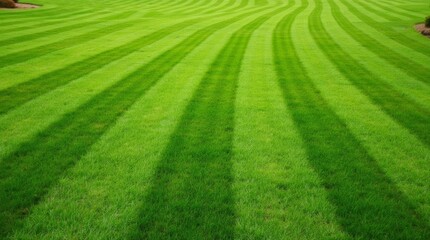 Freshly mowed lawn with a vibrant green color and neat stripes, showcasing its well-maintained appearance, ideal for outdoor photography and landscaping projects, emphasizing beauty and care.