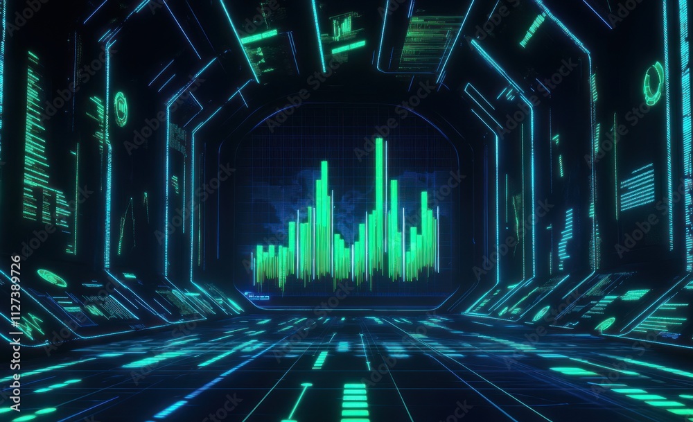 Poster A futuristic digital environment featuring data visualizations and neon graphics.