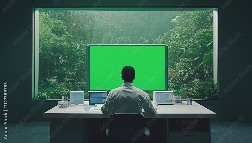 Aufkleber a person sits at a desk in front of a large green screen, surrounded by a lush forest backdrop.